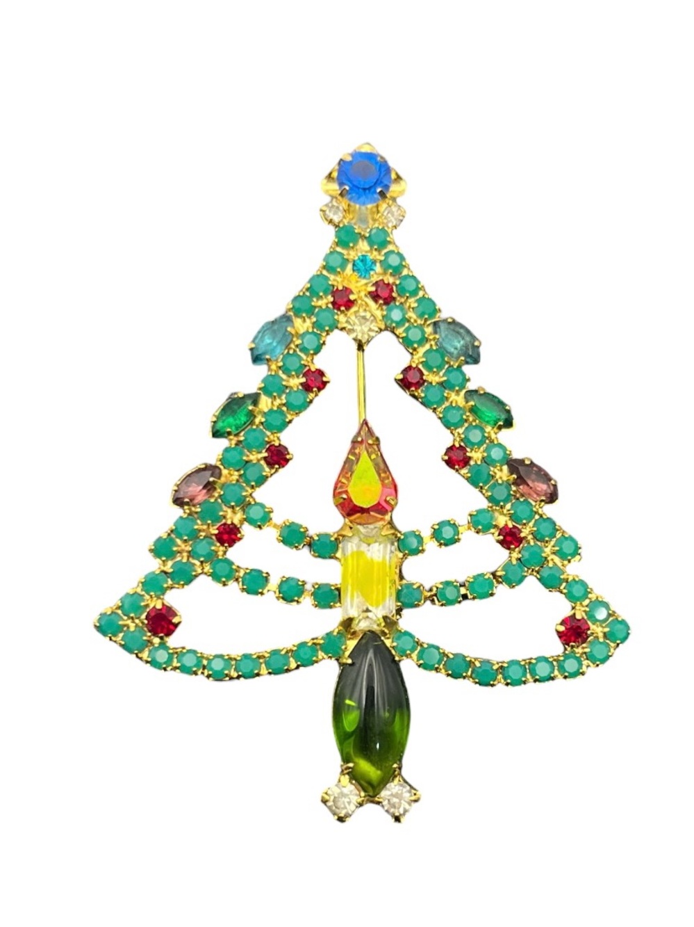 Christmas tree multi colored rhinestones candle open design brooch pin vintage